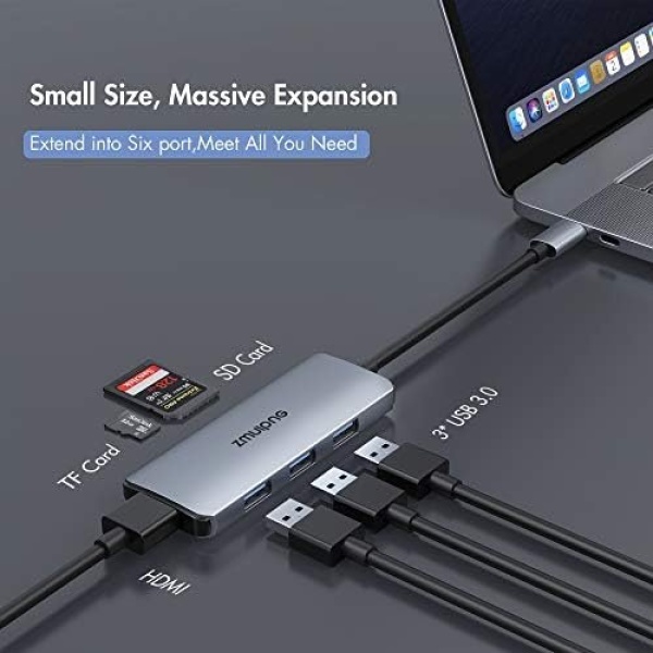 USB C Hub Adapter for MacBook Air, USB C HDMI Dongle for MacBook Pro, 6 in 1 USB - Image 2