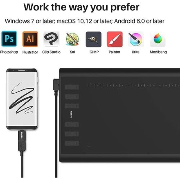 Android Supported, HUION Upgraded H1060P Drawing Tablet, Battery-Free Graphics - Image 3