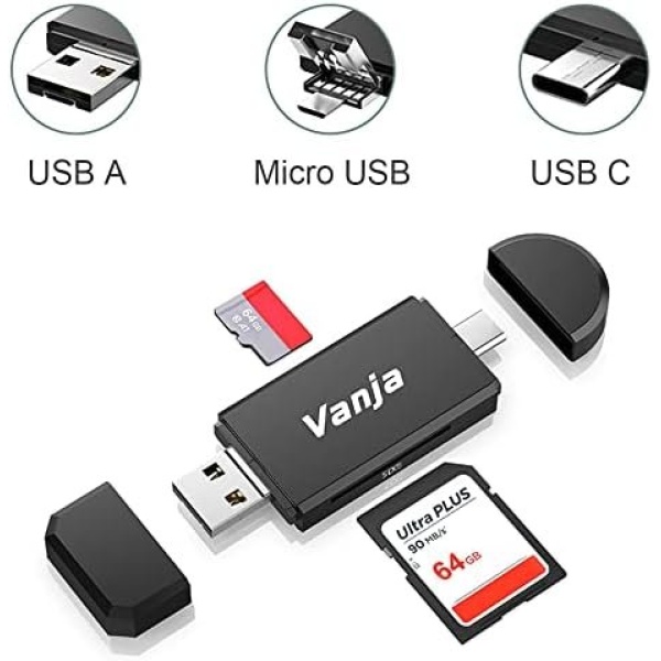 Vanja SD Card to USB Adapter, 3-in-1 USB-C USB-A Micro USB SD Card Reader - Image 2