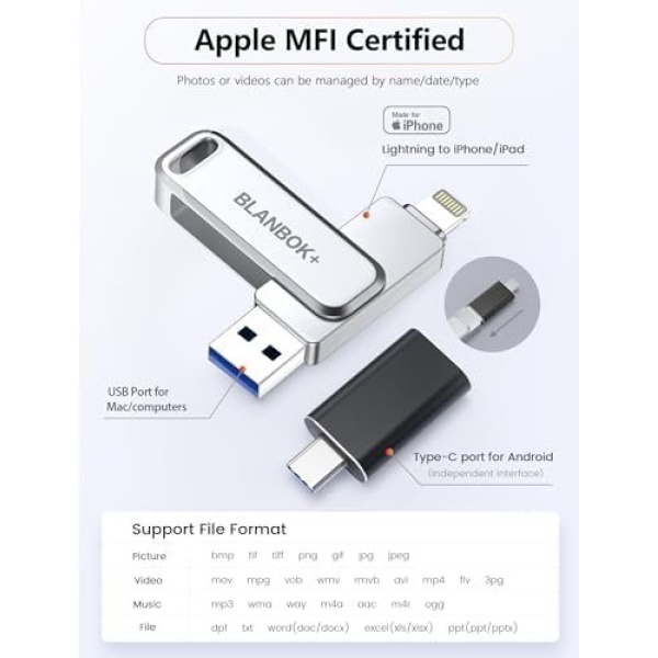MFi Certified 128GB Flash Drive for iPhone/USB/USB C/,3-in-1 USB Stick - Image 2