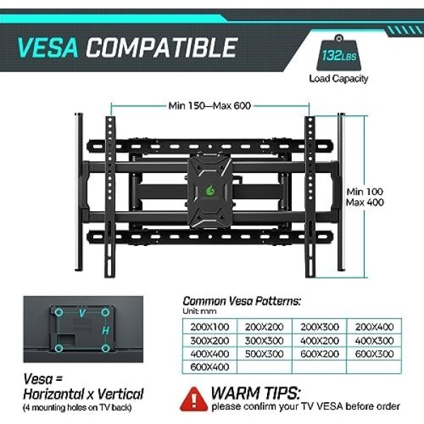 Greenstell TV Mount with LED Lights, TV Wall Mount for 47-84 Inch TVs, Full - Image 6