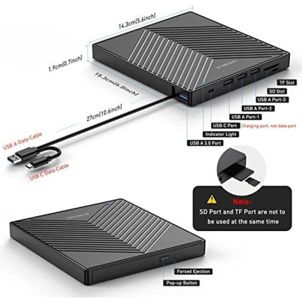 Hiarkio ORIGBELIE External CD DVD Drive, Ultra Slim CD Burner USB 3.0 with 4 USB - Image 5