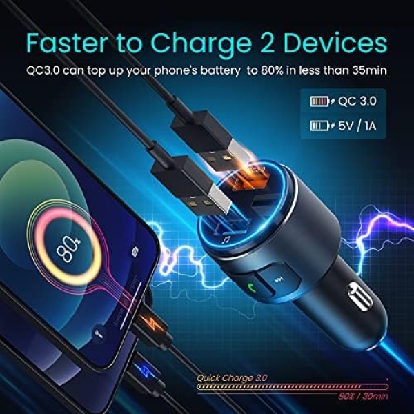 Octeso Upgraded V5.0 FM Bluetooth Transmitter Car, QC3.0 & LED Backlit Wireless - Image 2