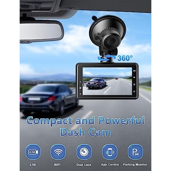 Dash Cam Front and Rear Camera, Otovoda 3Inch Screen WiFi Dash cam, 2.5K+1080P - Image 2